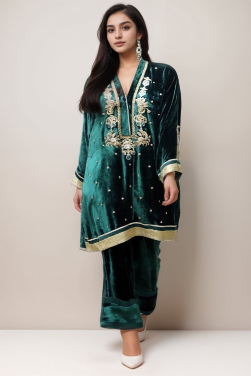 Sequins Embroidered Velvet Plus Size Dark Green Wedding Trouser Suit