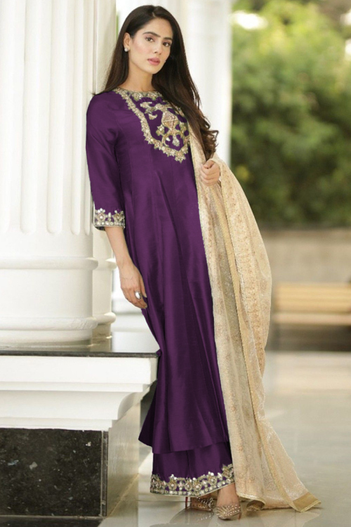 Zari Embroidered Silk Purple Anarkali Style Sharara Suit
