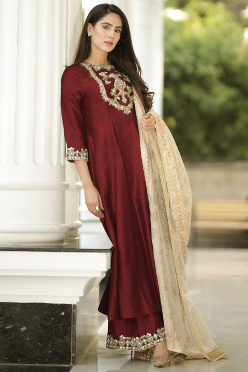 Zari Embroidered Silk Red Anarkali Style Sharara Suit