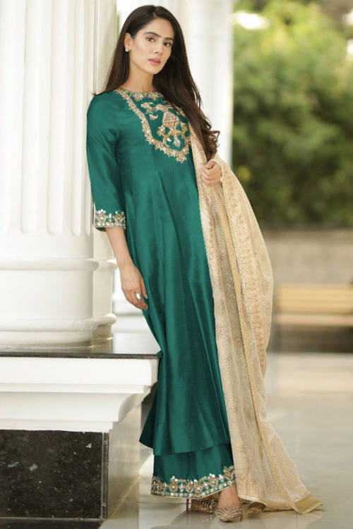 Zari Embroidered Silk Teal Green Anarkali Style Sharara Suit