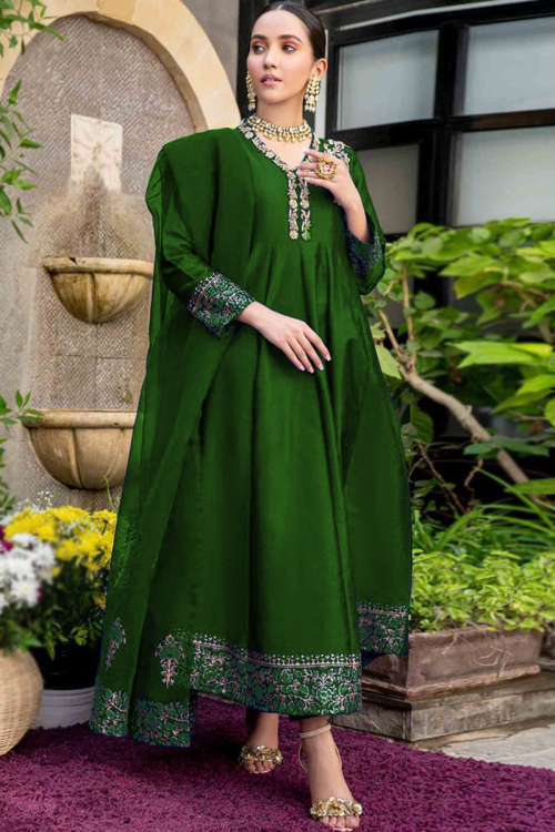 Green Silk Ankle Length Anarkali Suit