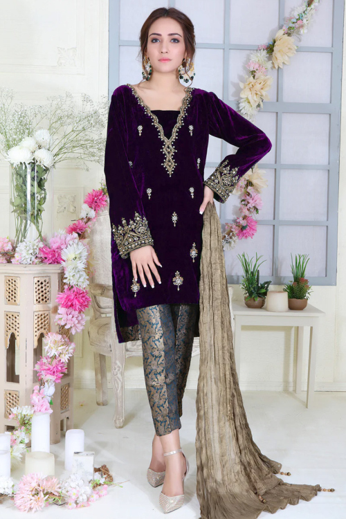 Dark Purple Velvet High Low style Pakistani Trouser Suit