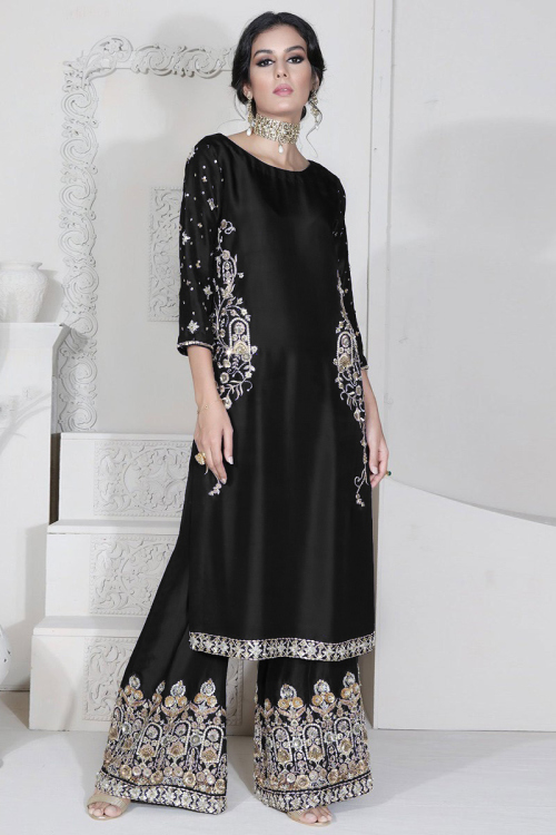 Stone Embroidered Silk Black Trouser Suit