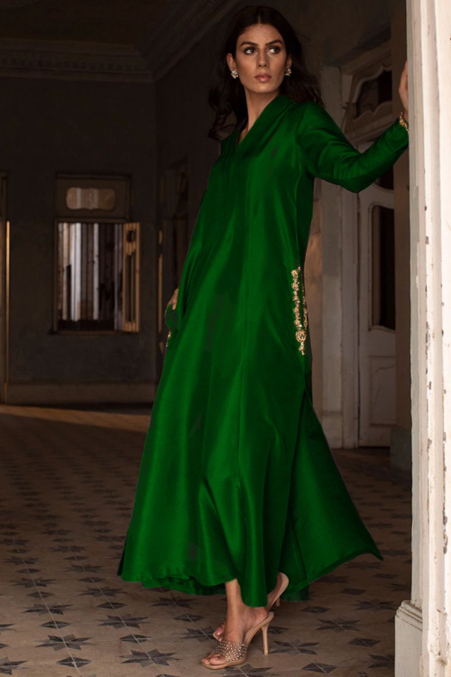 Dark Green Florida Silk Trouser Suit With Zardosi Work