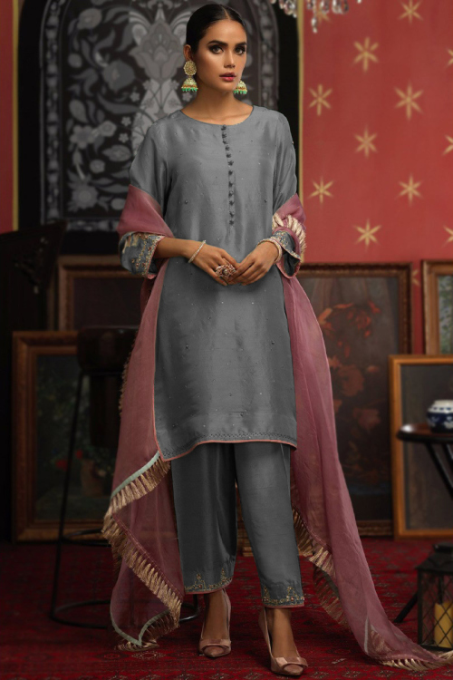 Dark Grey Silk Embroidered Patiala Salwar Suit