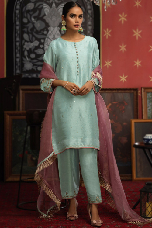 Pistachio Green Silk Embroidered Patiala Suit