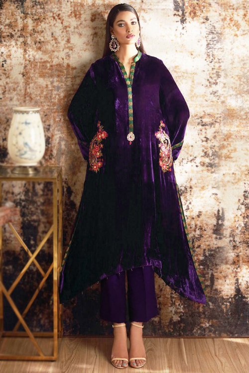 Voilet Velvet Embroidered Trouser Suit