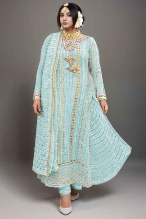 Sky Blue Georgette Plus Size Embroidered Churidar Suit for Wedding & Party