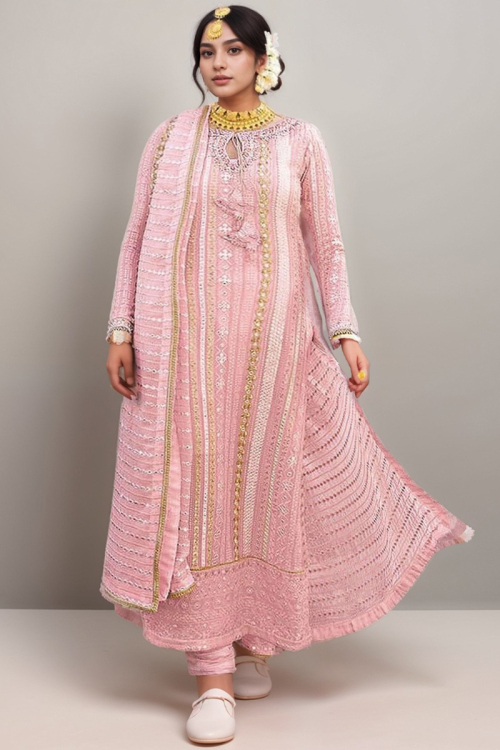 Light Pink Georgette Plus Size Embroidered Churidar Suit for Wedding & Party