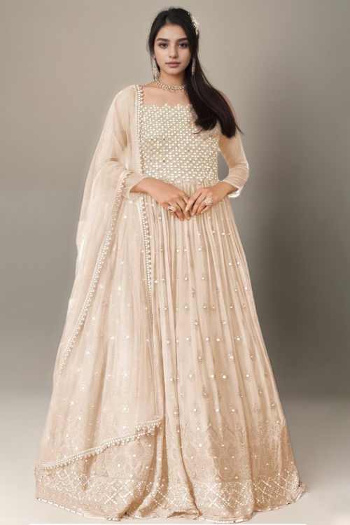 Light Beige Georgette Embroidered Plus size Anarkali Suit for Wedding & Party