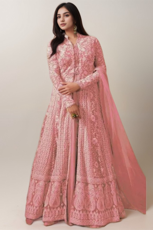 Embroidered Jacket Style Pink Plus Size Anarkali Suit