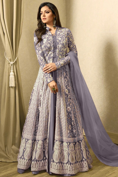 Bluish Grey Floor Length Wedding Wear Anarkali Suit in Santoon