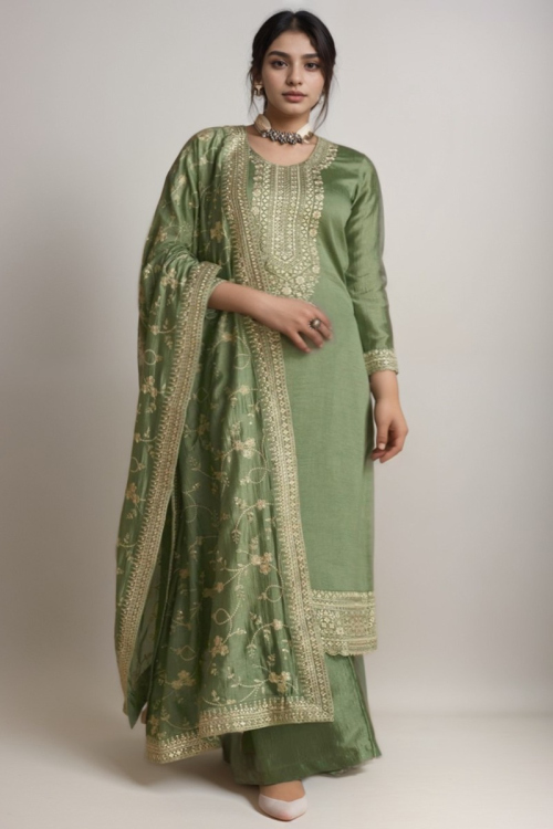 Sage Green Silk Embroidered Plus Size Palazzo Suit for Wedding & Party