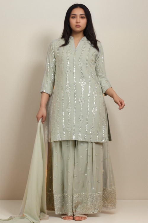 Georgette Dusty Green Plus Size Embroidered Palazzo Suit