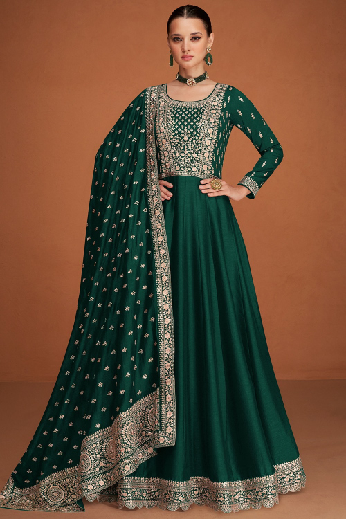 Sequins Embroidered Dark Green Silk A Line Anarkali Suit