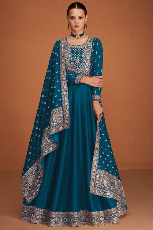 Sequins Embroidered Peacock Blue Silk A Line Wedding Anarkali Suit