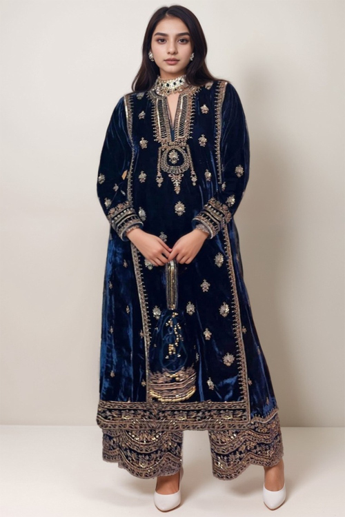 Velvet Dark Blue Zari Embroidered Straight Cut Plus Size Trouser Suit for Wedding & Party