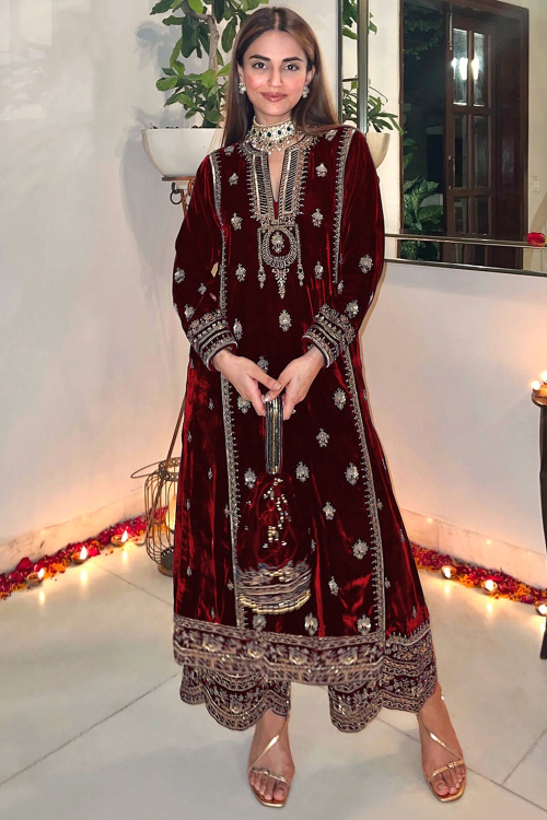Velvet Dark Maroon Embroidered Straight Cut Trouser Suit for Wedding & Party