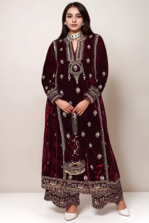 Plus Size Velvet Dark Maroon Embroidered Straight Cut Trouser Suit for Wedding & Party