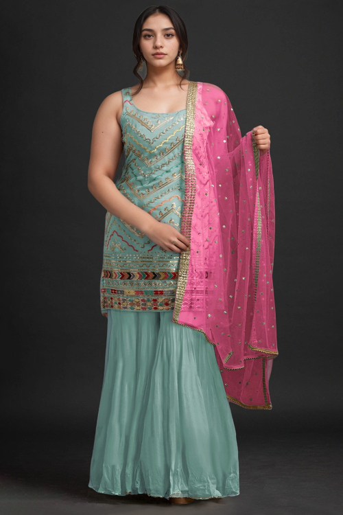 Mint Blue Georgette Embroidered Plus Size Straight Cut Suit for Wedding & Party