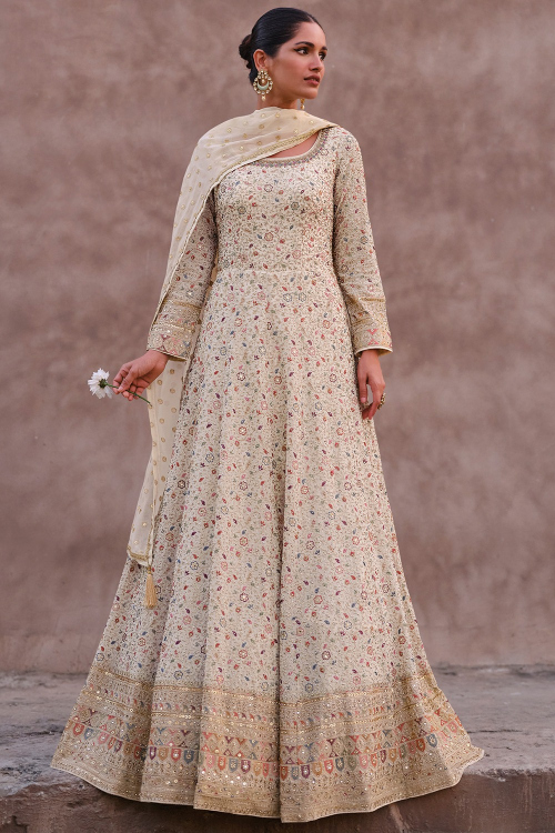 Ivory Georgette Embroidered Anarkali Suit for Wedding & Party