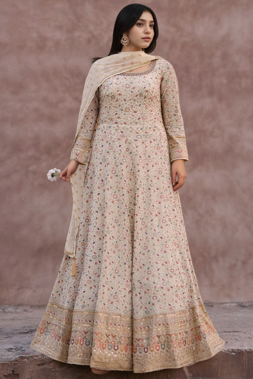 Ivory Georgette Embroidered Plus Size Anarkali Suit for Wedding & Party
