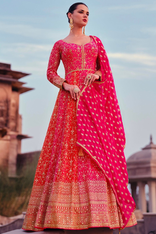 Ruby Pink Zari Embroidered Anarkali Suit in Georgette
