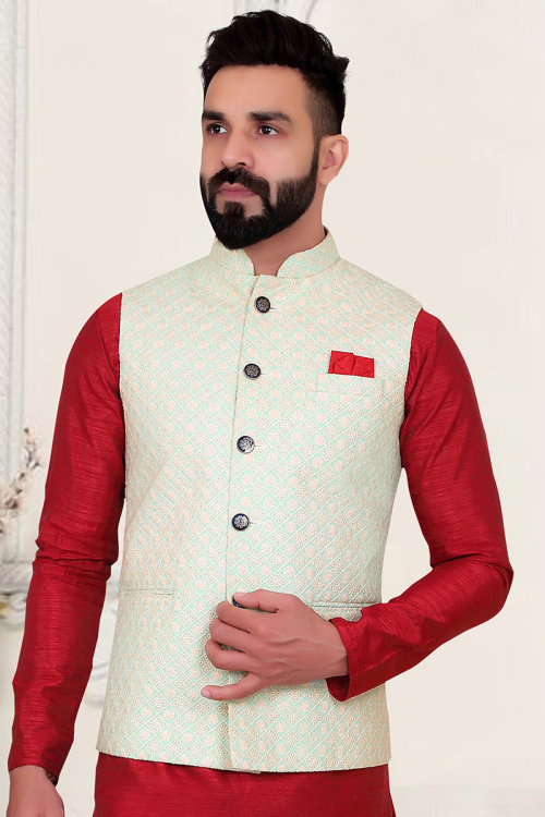 Lucknowi Embroidered Seafoam Green Men Waist Coat