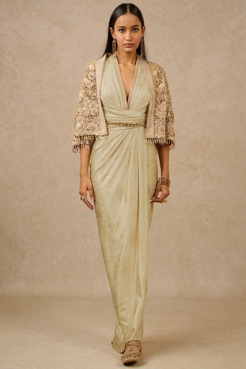 Lycra Lace Embroidered Cream Beige Jacket Style Wedding Gown