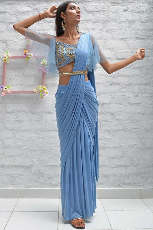 Lycra Powder Blue Indo Western Style Saree 