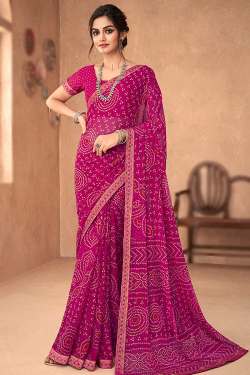 Magenta Pink Chiffon Bandhani Saree with Printed Lace 