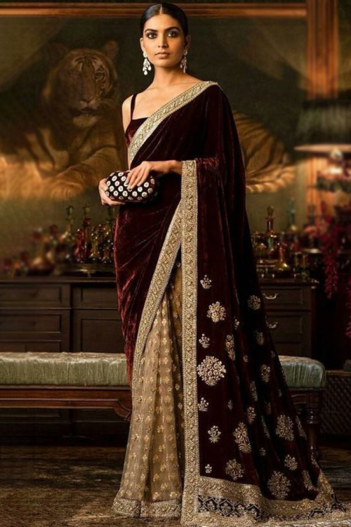 Maroon And Beige Velvet Half And Half Zari Embroidered Saree