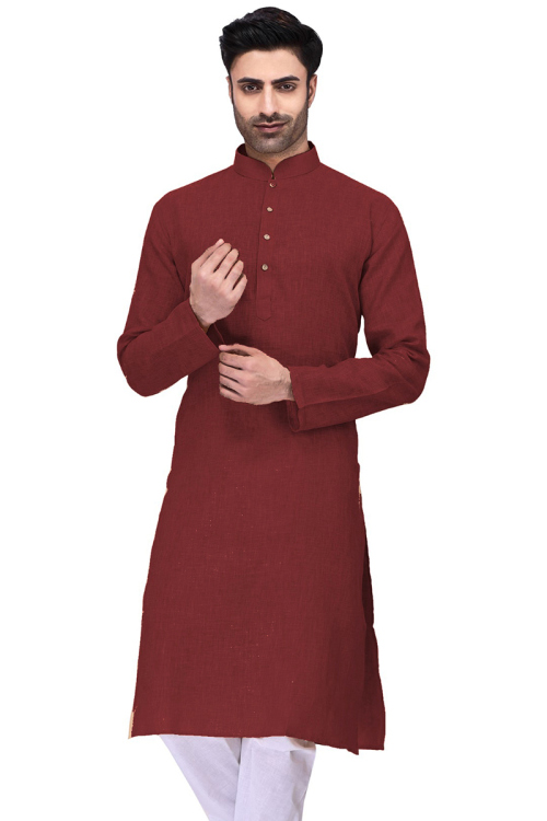 Maroon Straight Cut Party Wear Men Kurta in Cotton