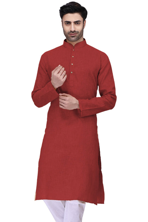 Maroon Straight Cut Cotton Men Kurta for Casual Wear