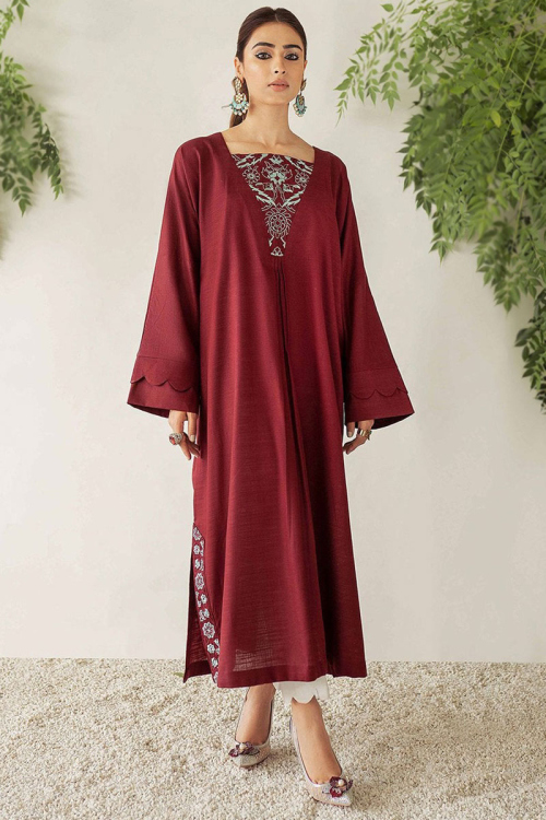 Maroon Cotton Silk Thread Work Embroidered Pakistani Trouser Suit