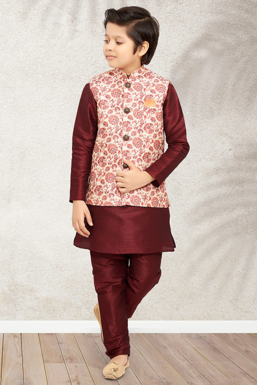 Maroon Dupion Silk Plain Jacket Style Boy's Kurta Pajama