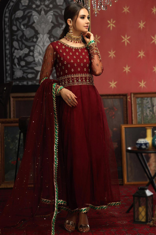 Net Maroon Dabka Embroidered Wedding Wear Pakistani Anarkali Style Suit