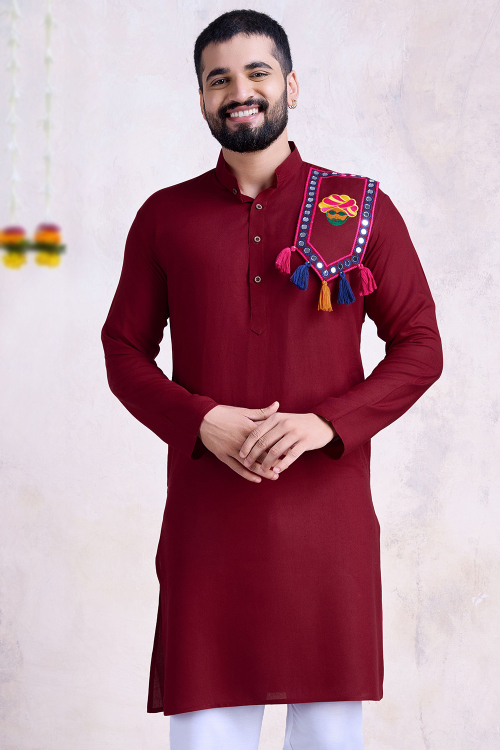 Maroon Rayon Straight Cut Men's Embroidered Kurta