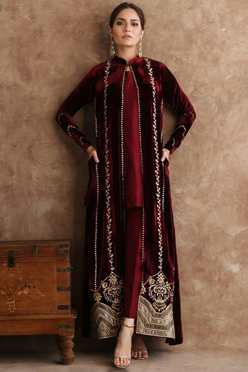 Maroon Silk Embroidered Jacket Style Pakistani Trouser Suit