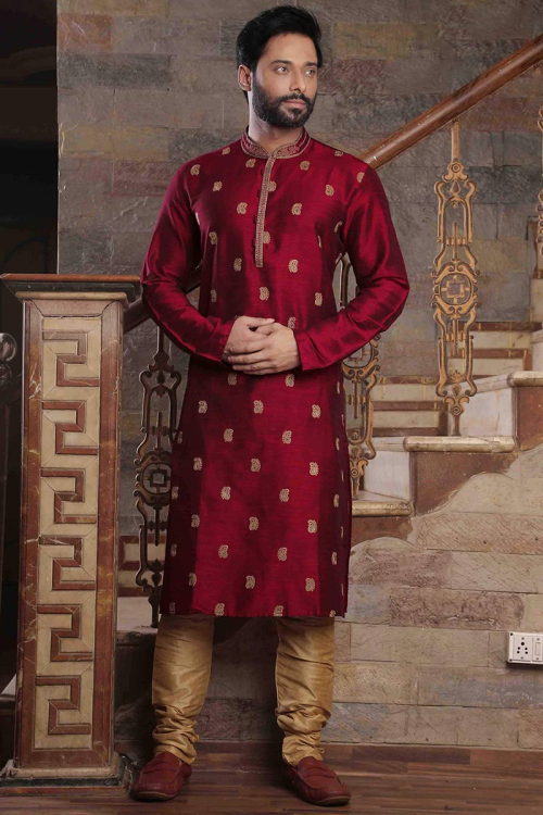 Maroon Silk Embroidered Men Kurta Pajama