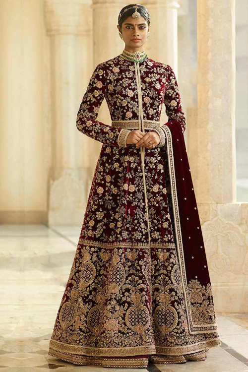 Maroon Velvet Embroidered Wedding Anarkali Suit with Skirt