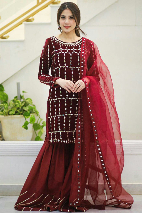 Maroon Velvet Embroidered Sharara Party Wear Salwar Kameez