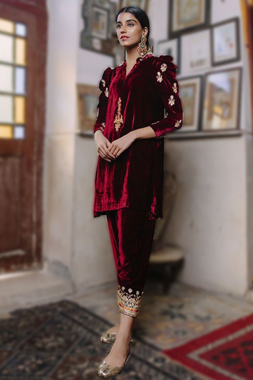 Maroon Velvet Straight Cut Pakistani Patiala Salwar Kameez