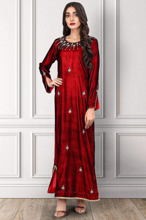 Maroon Velvet Straight Cut Party Wear Pakistani Style Gown Suit