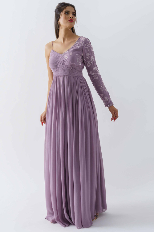 Mauve Georgette Embroiderd Indo-Western Gown for Cocktail Parties.