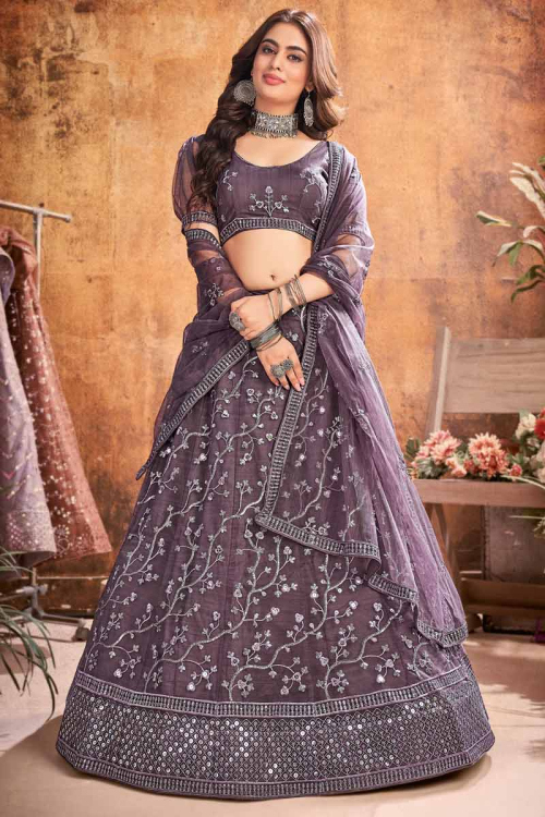 Mauve Net Embroidered Wedding Wear Lehenga