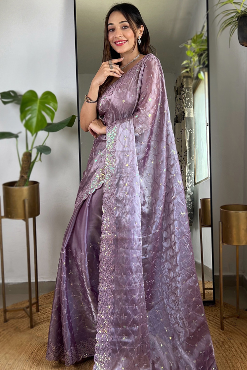 Mauve Pink Organza Embroidered Light Wight Saree