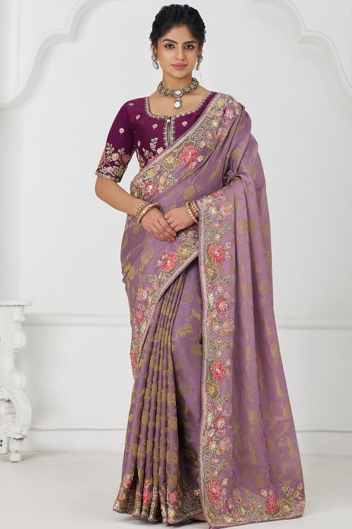 Mauve Pink Silk Blend Weaved Heavy Saree 