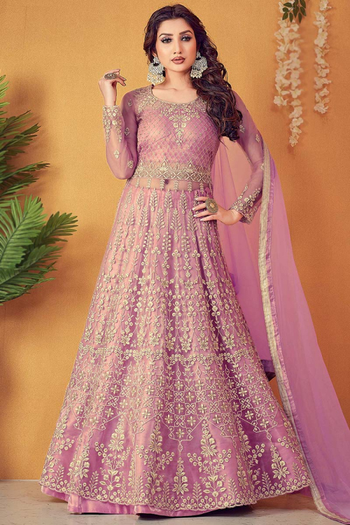 Mauve Pink Long Choli Lehenga in Silk for Wedding & Party