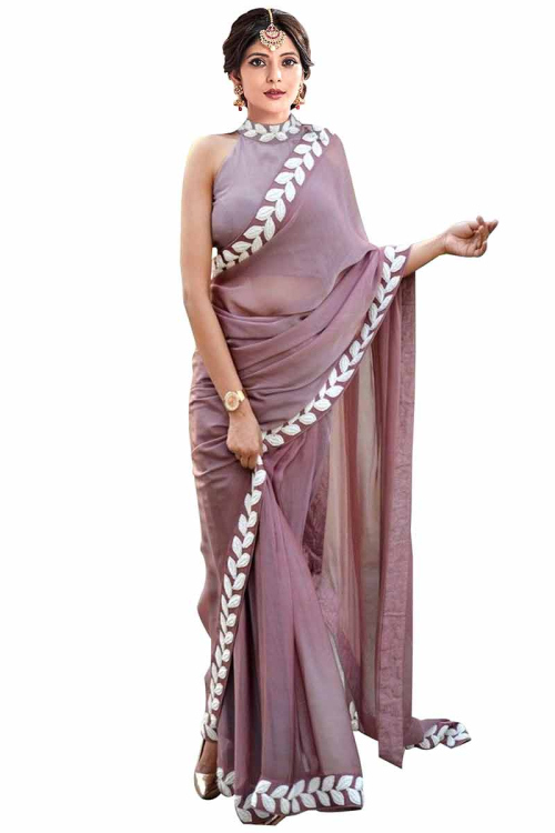 Mauve Pink Silk Lace Embroidered Party Wear Saree